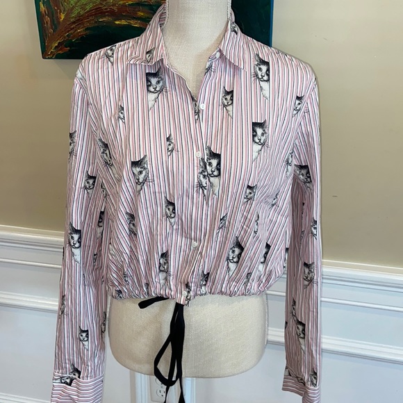 Zara Cat Print Striped Blouse - Picture 2 of 7